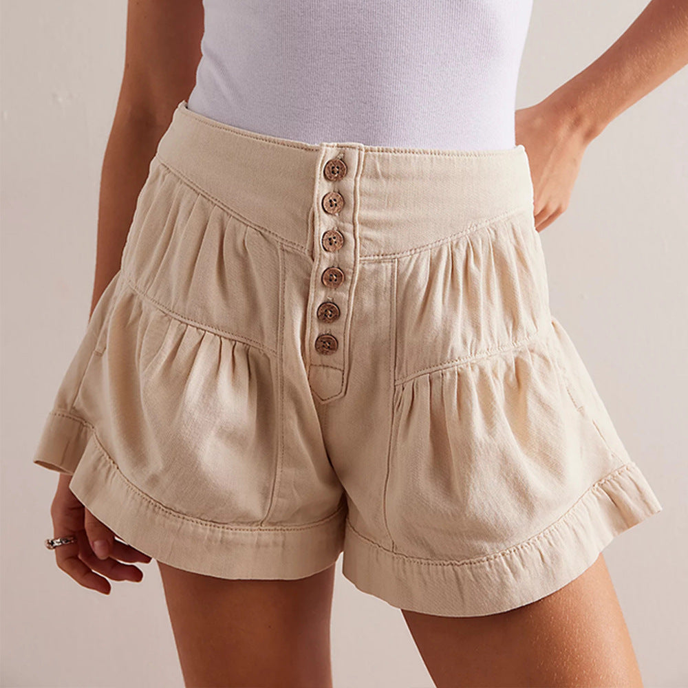 Dam Denim Shorts Rynkade Kanter Elastisk Midja 100% Bomull-4