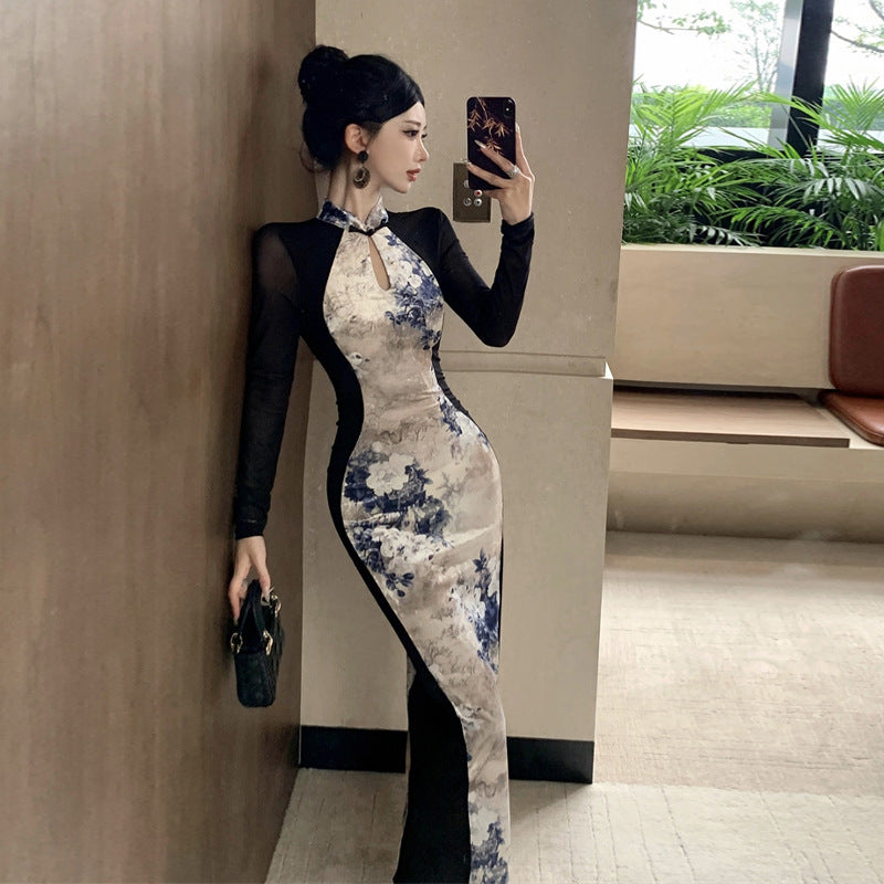 Bodycon Klänning för Kvinnor med Långa Ärmar och Ståkrage – Tryckt Mönster i Högkvalitativ Polyester 4