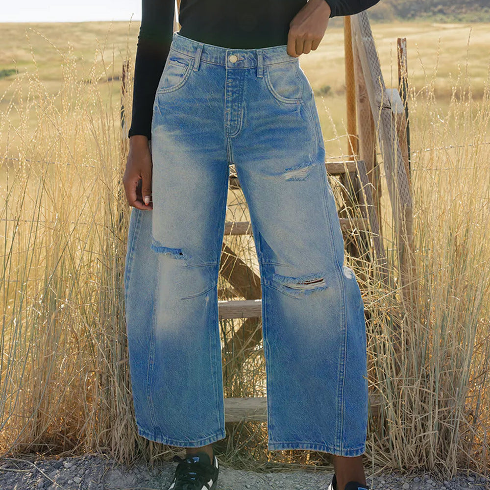 Dam Harembyxor Slitna Denim Medelhög Midja Breda Ben-3