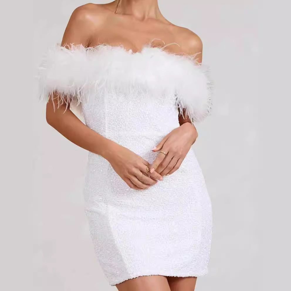 Dam Klänning Hög Midja Pailletten Axel-Fri Kort Kjol Polyester-5