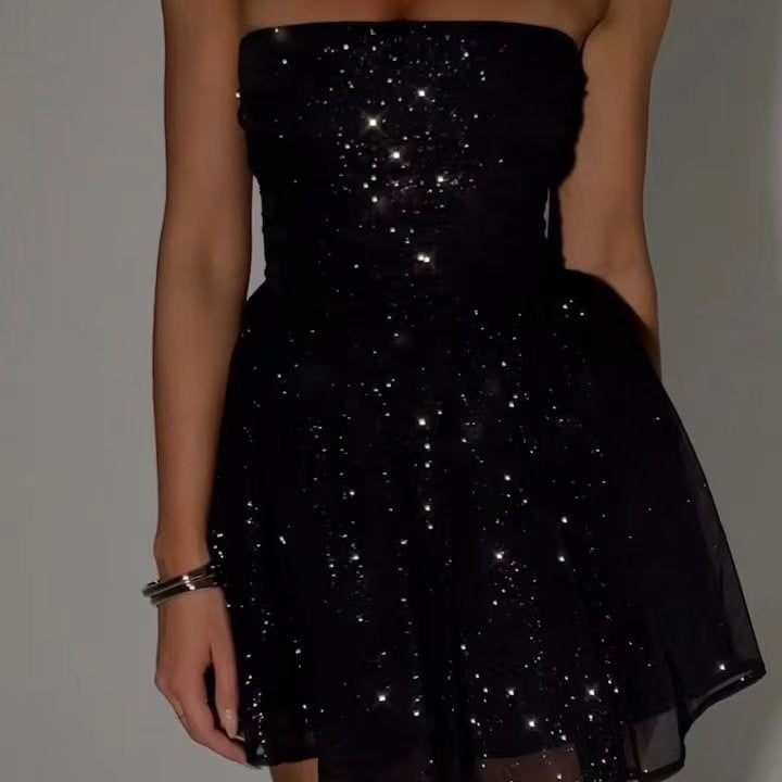 Dam Kort Klänning U-Hals Glänsande Syntetisk Material för Fest-2