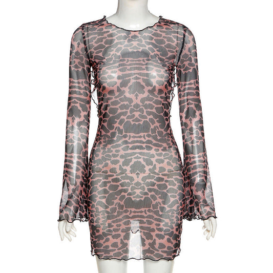 Kvinnors Miniklänning Transparent Djurmotiv Lång Ärme Andningsbar-1