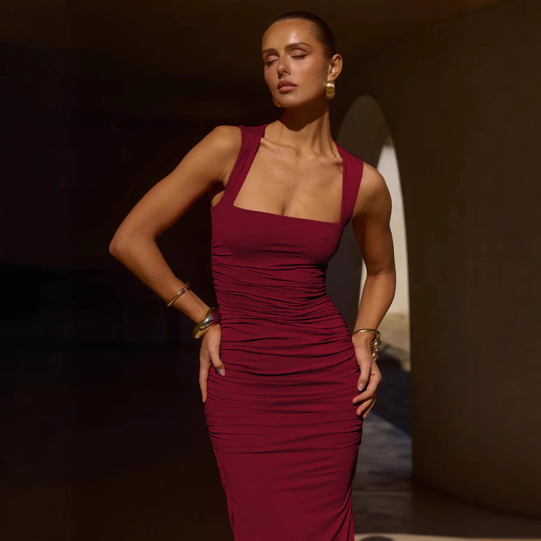 Damklänning Fyrkantig Halsringning Hög Midja Lång Polyester-3