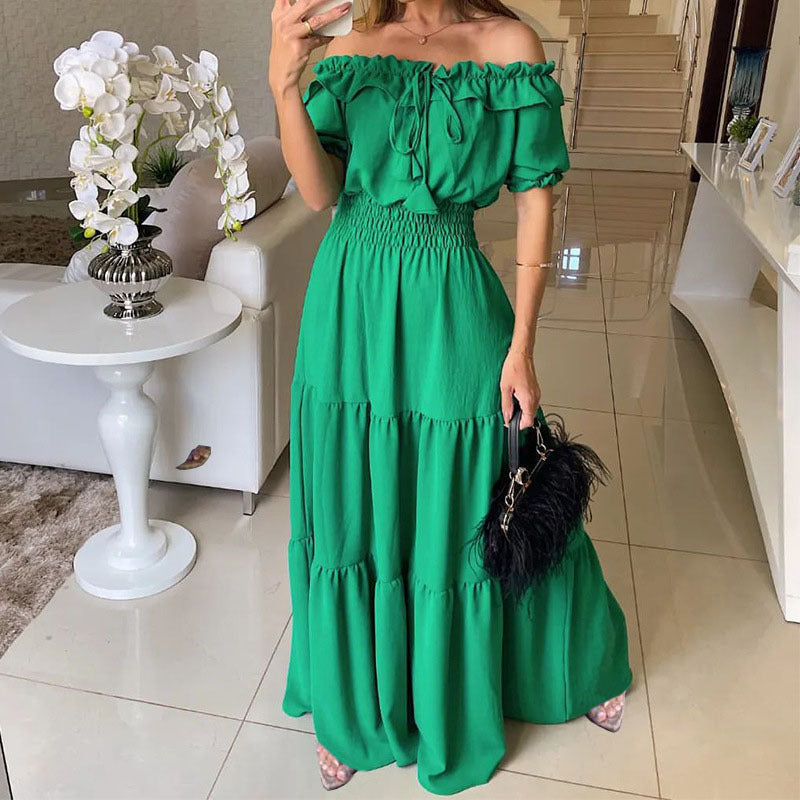 Damklänning Off-Shoulder Rynkad Midja Lång Polyester-4