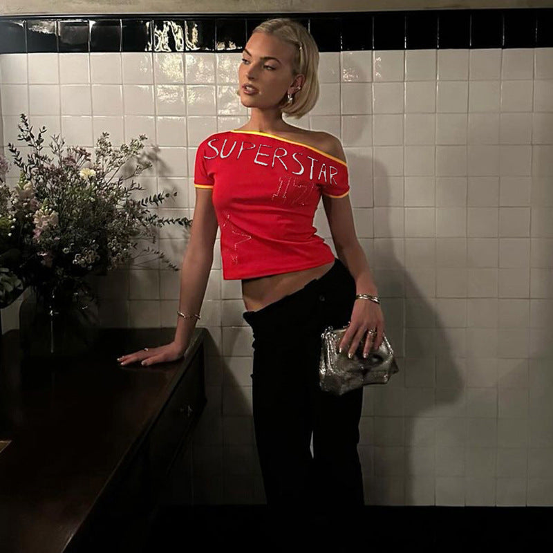 Dam T-shirt Asymmetrisk Krage Spandex Kort Ärmand-5