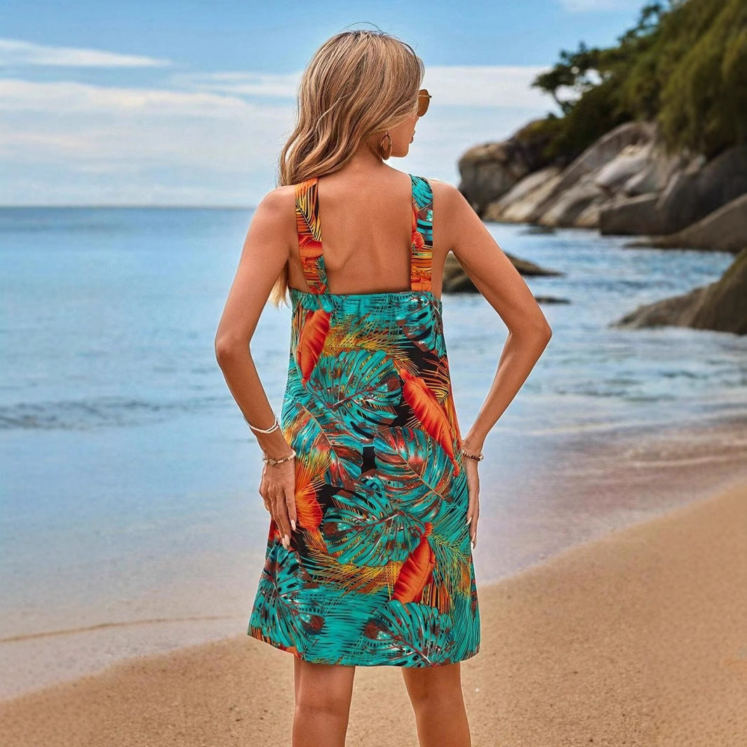 Dam Strandklänning Löst Midja Ärmös Polyester Blommönster-5