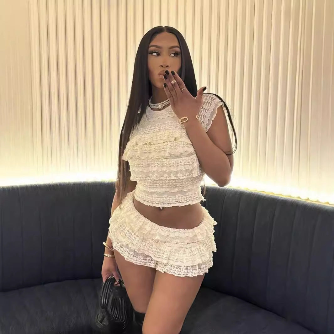 Dam Kort Set Rynkade Detaljer Slim Fit Polyester Spandex-2