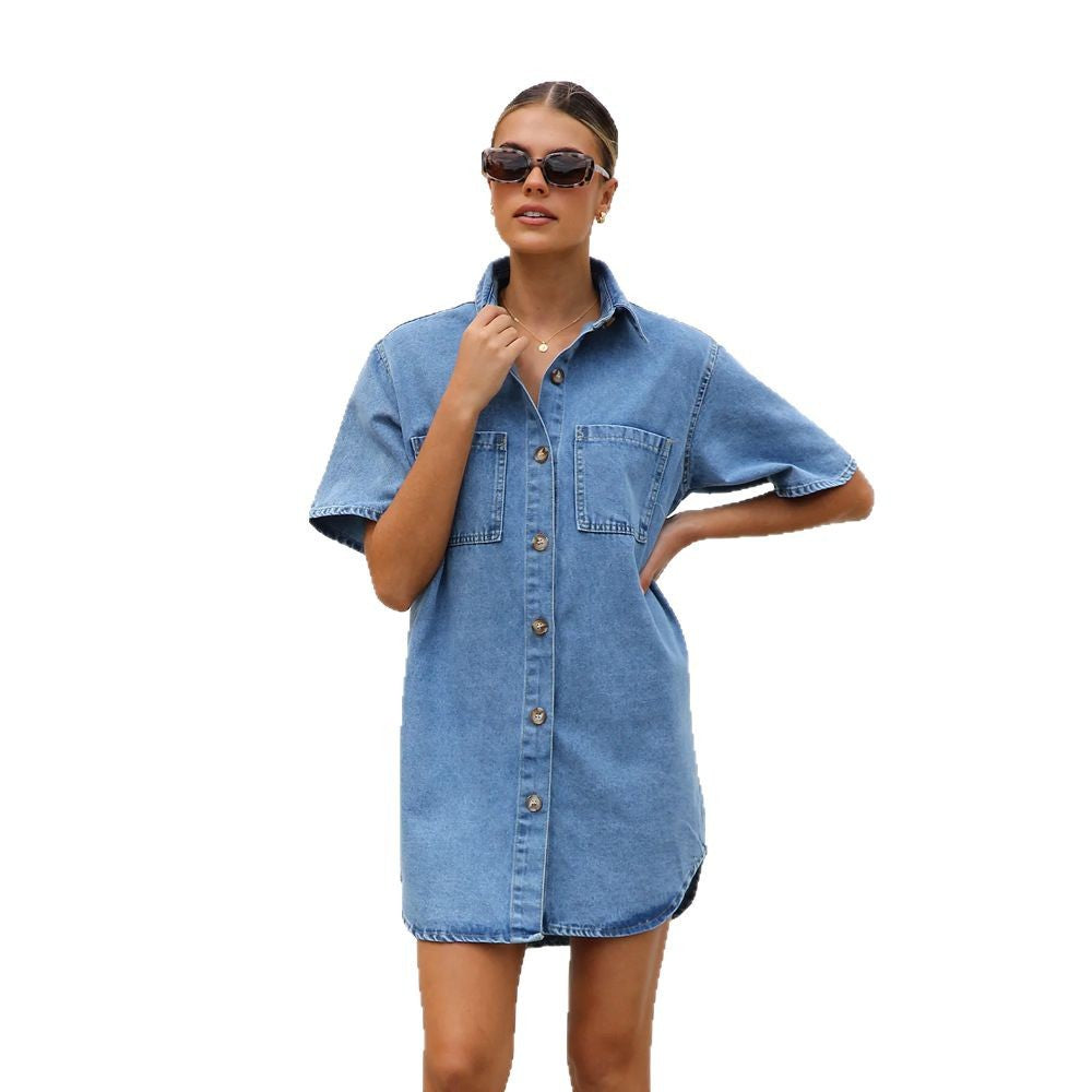 Dam Klänning Kortärmad A-linjeformad Denim-6