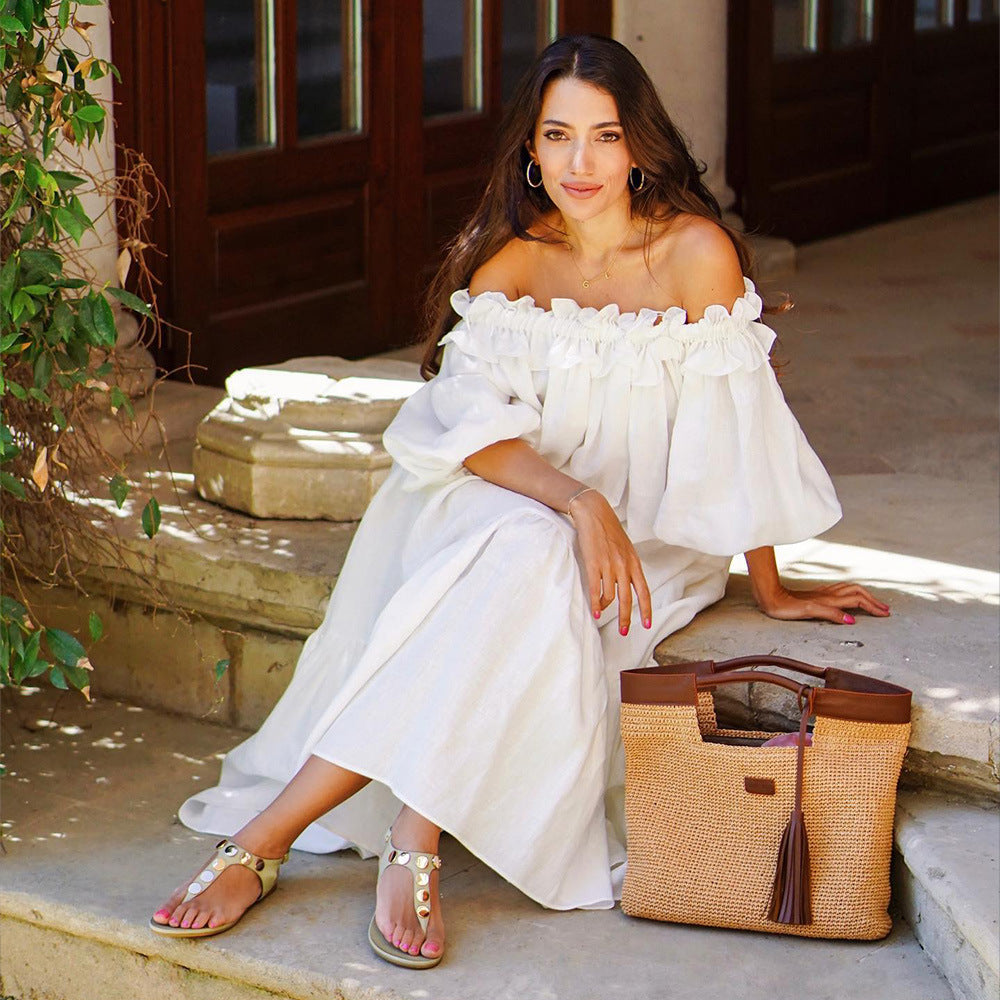 Damklänning Off-Shoulder A-linje Spetsbomull med Puffärmar-5