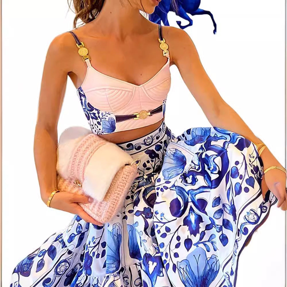 Dam Camisole Set Abstrakt Mönster Polyester Midikjol-2