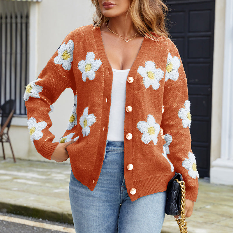 V-Hals Cardigan för Dam med 3D-Blommor, Normal Passform i Polyester – Lång Ärmar, Flera Färger 8