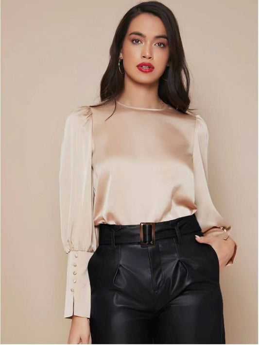 Dam Blus Lanternärmar Satin Löst Passform-1