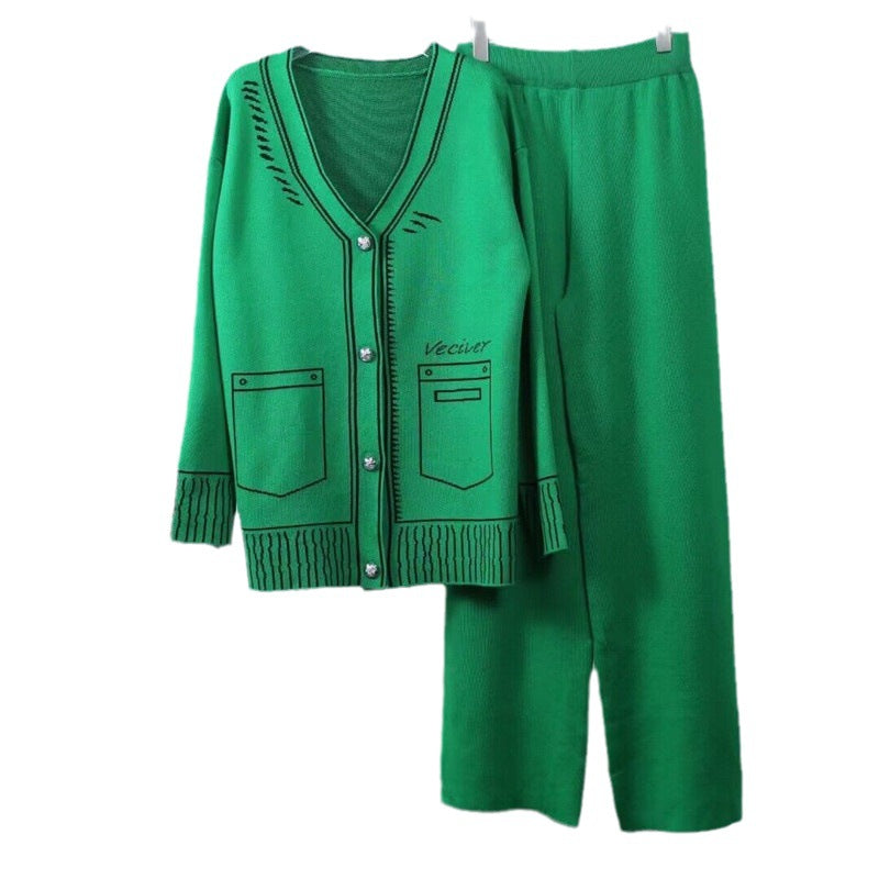 Dam Sportset Stickad Tröja och Smala Byxor Akryl Spandex-3