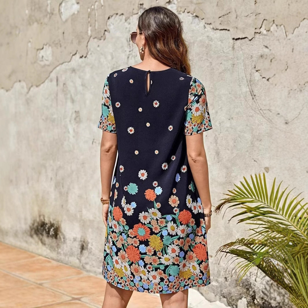 Kvinnors Midi Klänning Med Tryckade Ärmar Polyester Rund Halsringning 5