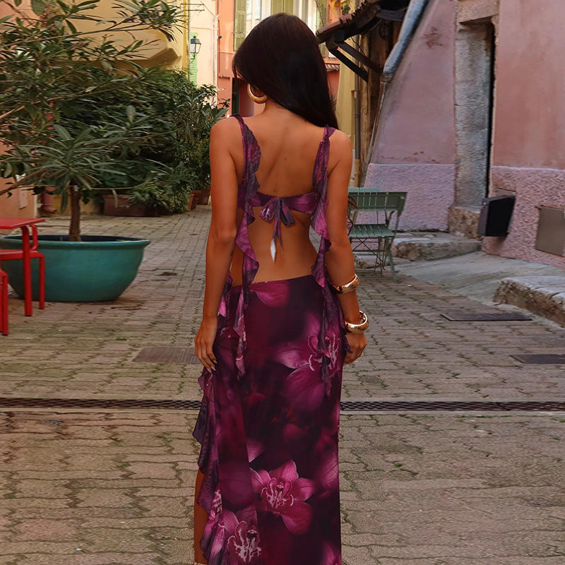 Kvinnor Tvådelad Set Blommig Asymmetrisk Nederkant Lätt Tyg-4