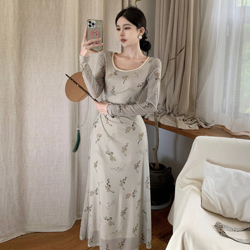 Kvinnors A-linjeformad Klänning Blommönster Polyester Långa Ärmar-2