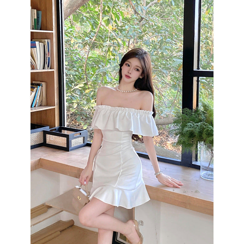 Kvinnors Minikjolklänning Rufsad En-axel Polyester-3