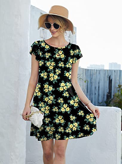Kortärmad Klänning för Kvinna med Blommönster – Lätt Tyg, Rund Halsringning, Ruffles på Ärmarna, Normal Passform 5