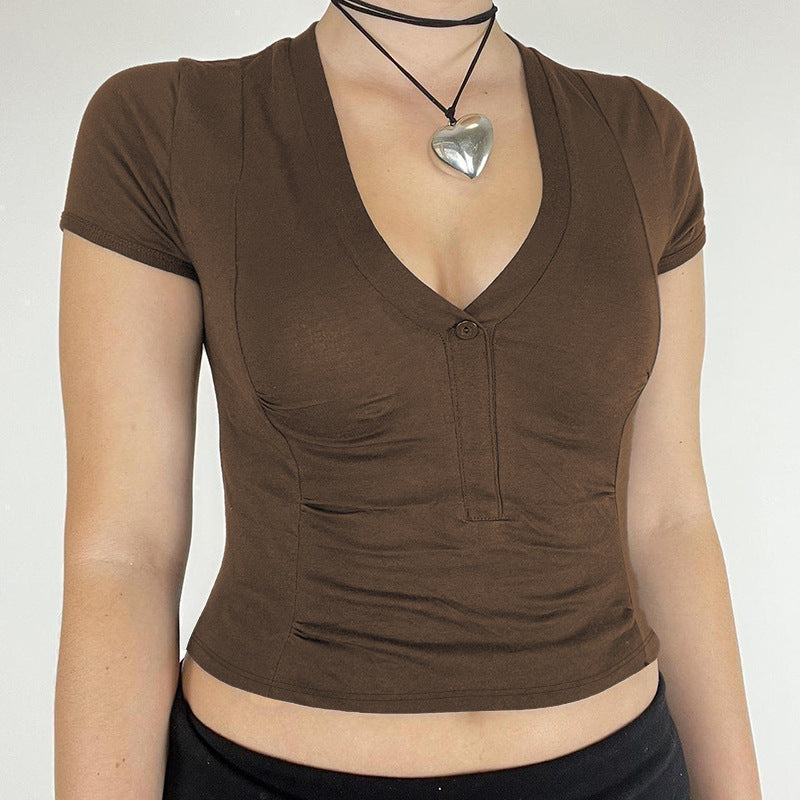 Kvinnors Kortärmad Topp V-ringning Elastisk Bomull-2