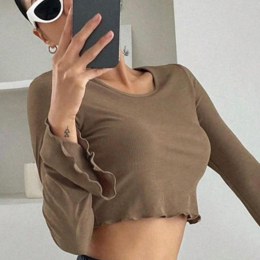 Beskürzte Langarmtop für Damen mit Rüschen – Figurnah, Elastische Baumwollmischung, Ideal für Frühling und Sommer 1