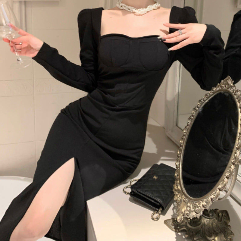 Dam Bodycon Klänning Fyrkantig Halsringning Långa Ärmar Fina Material-4