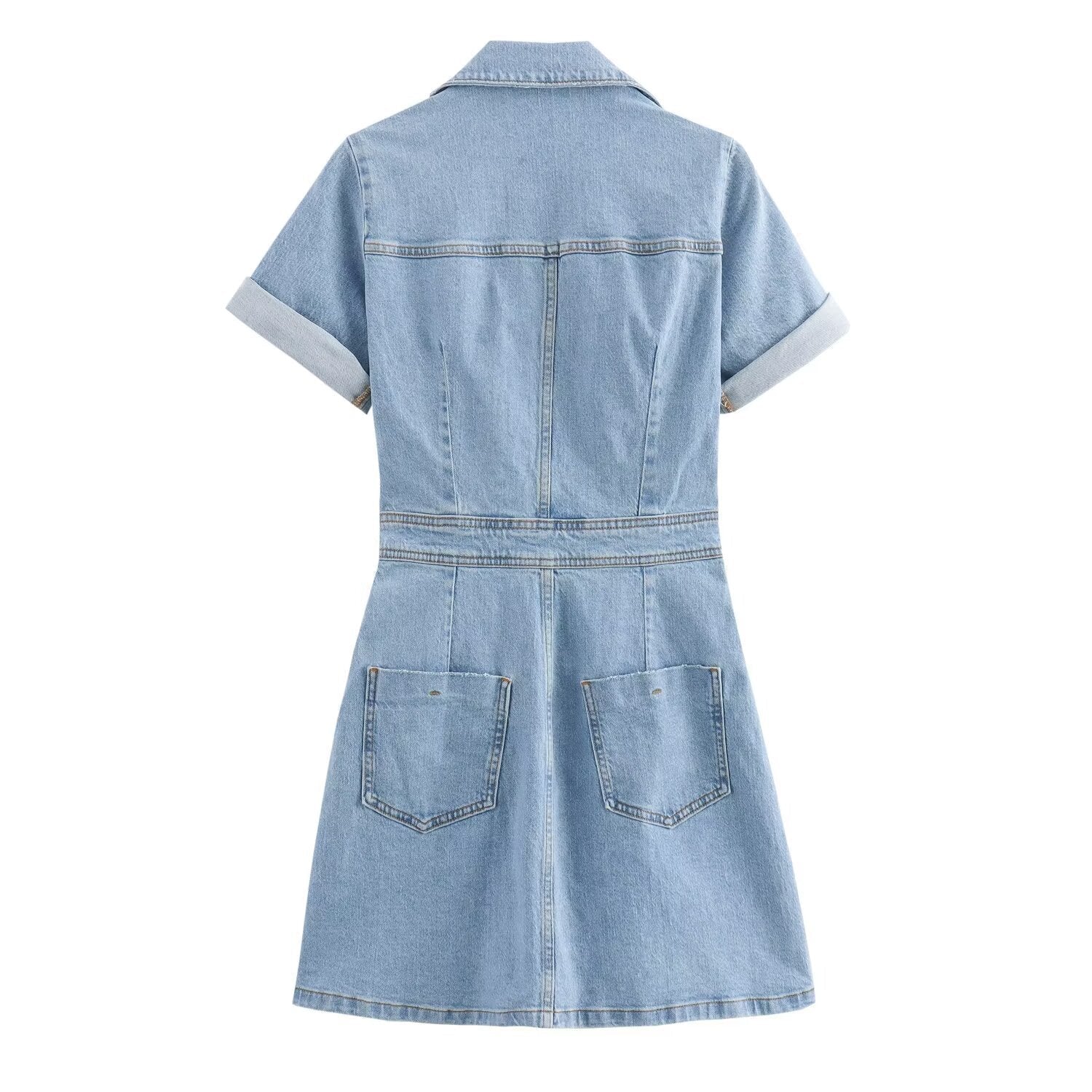 Damklänning Mini A-Linjeformad Denim Midjad Långärmad-3