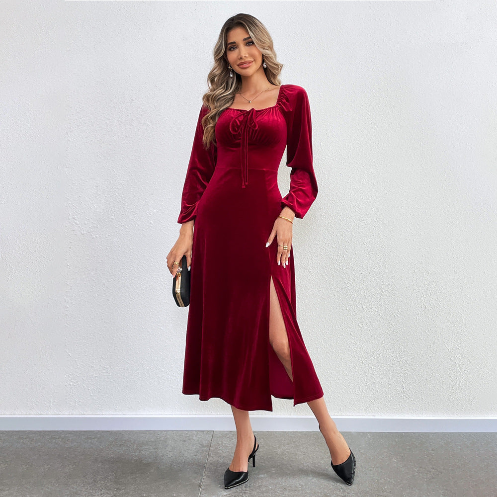 Dam A-linjeformad Klänning Puffärmar Sammet-3