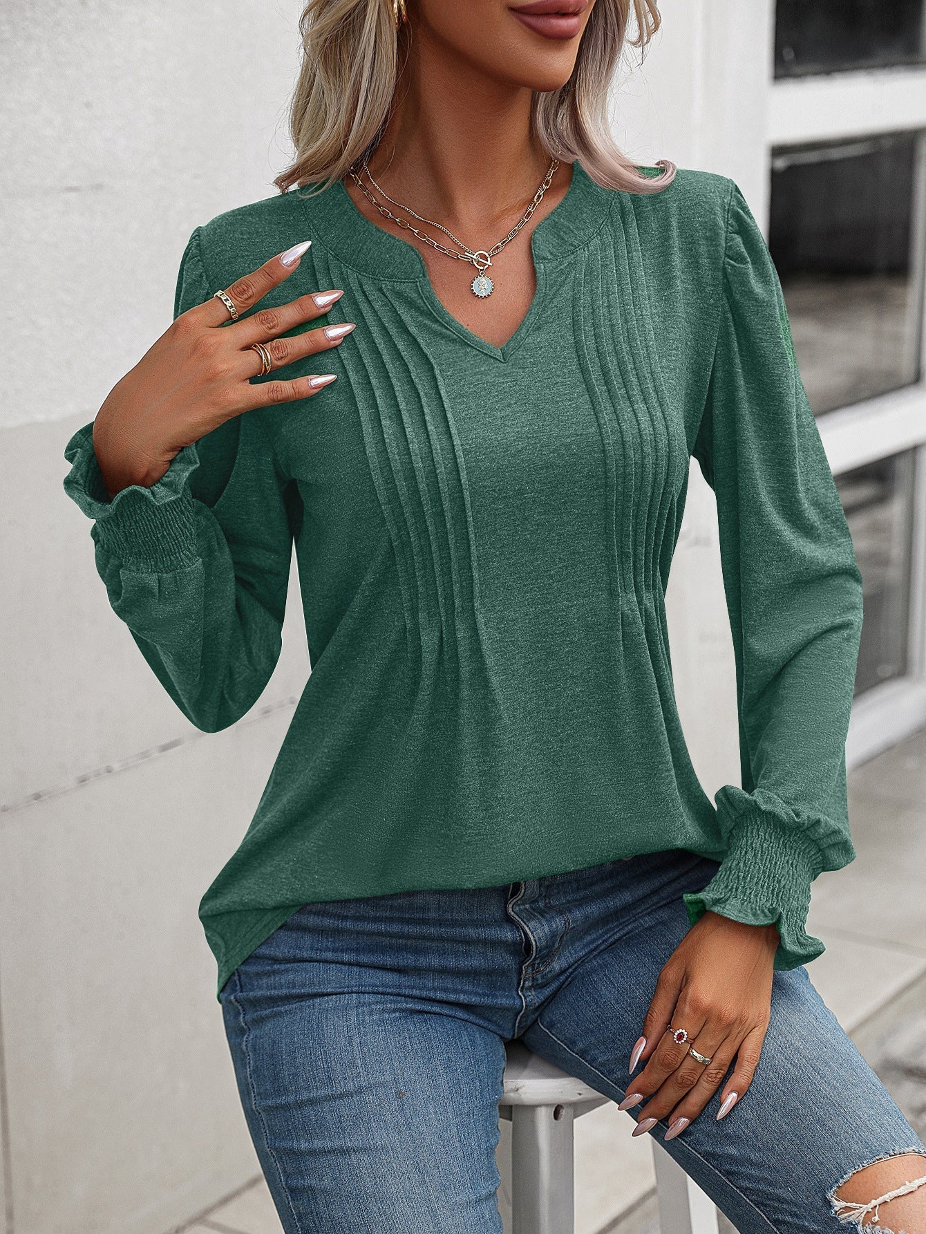 Variant image for Dam T-shirt V-ringning Puffärmar Polyester-11