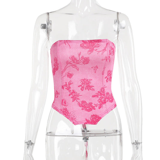 Kvinnors Bustier Topp Blommönster Bomullsblandning Figurbetonad 1