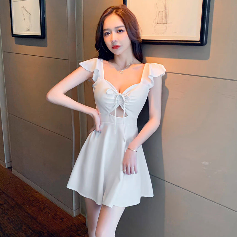 Kvinnors Mini Klänning V-ringning Polyester med Flutande Ärmar-1