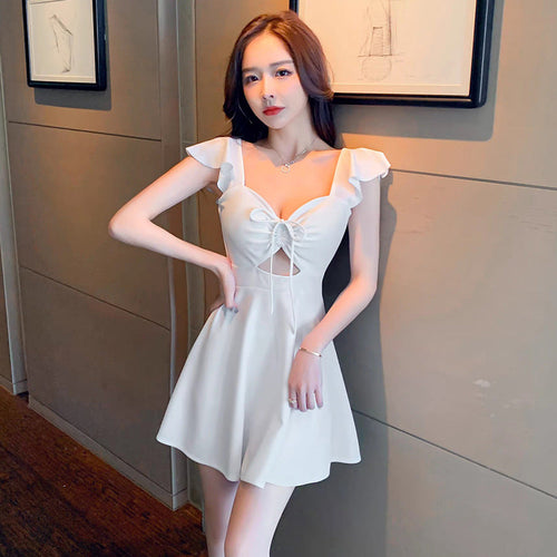 Kvinnors Mini Klänning V-ringning Polyester med Flutande Ärmar-1