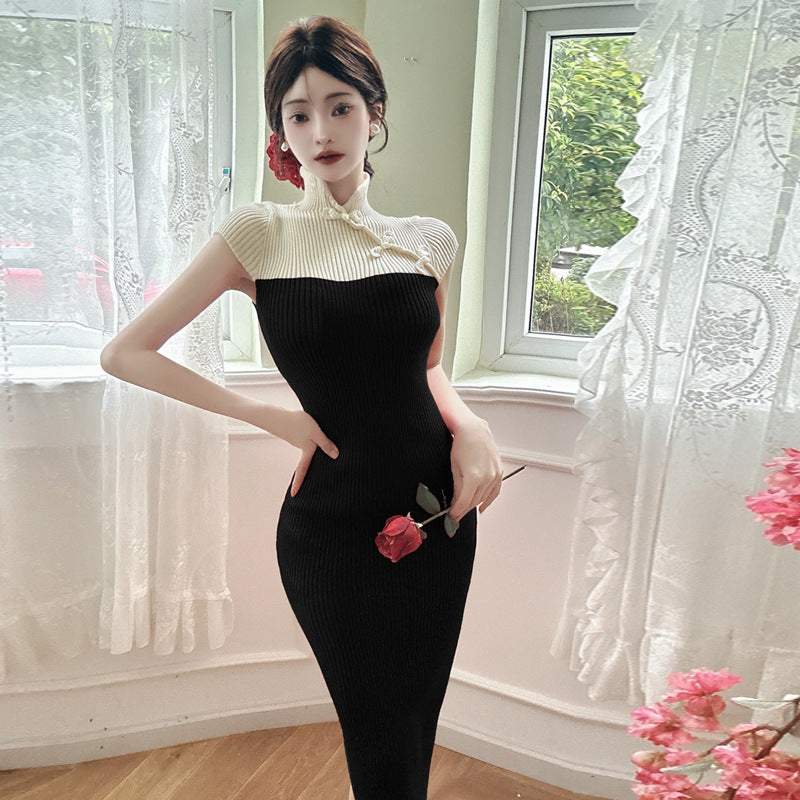 Kvinnors Klänning Stickad Design med Hög Krage och Kontrastfärger-5