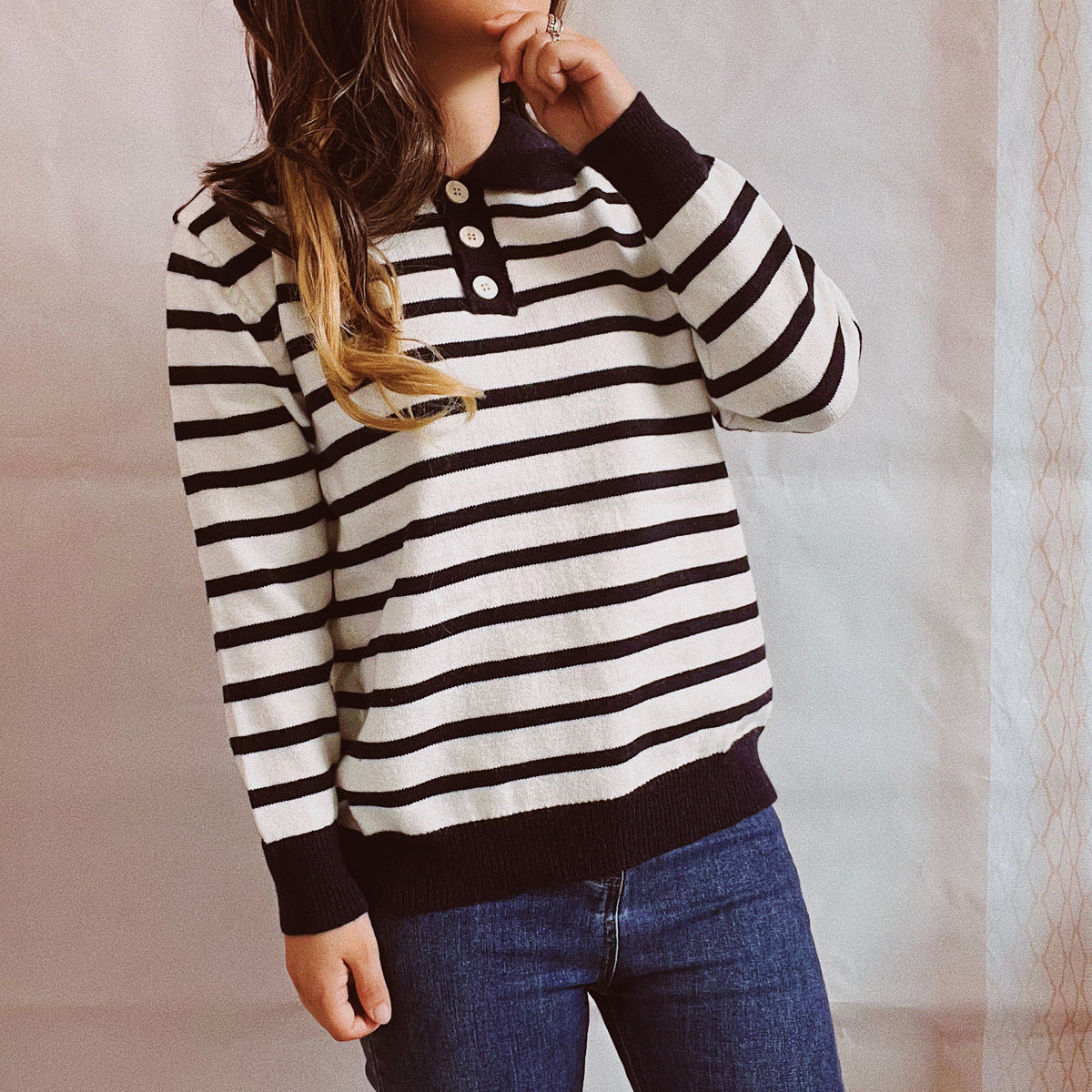 Herr Tröja Randig Långärmad Vänd Krage Polyester 6