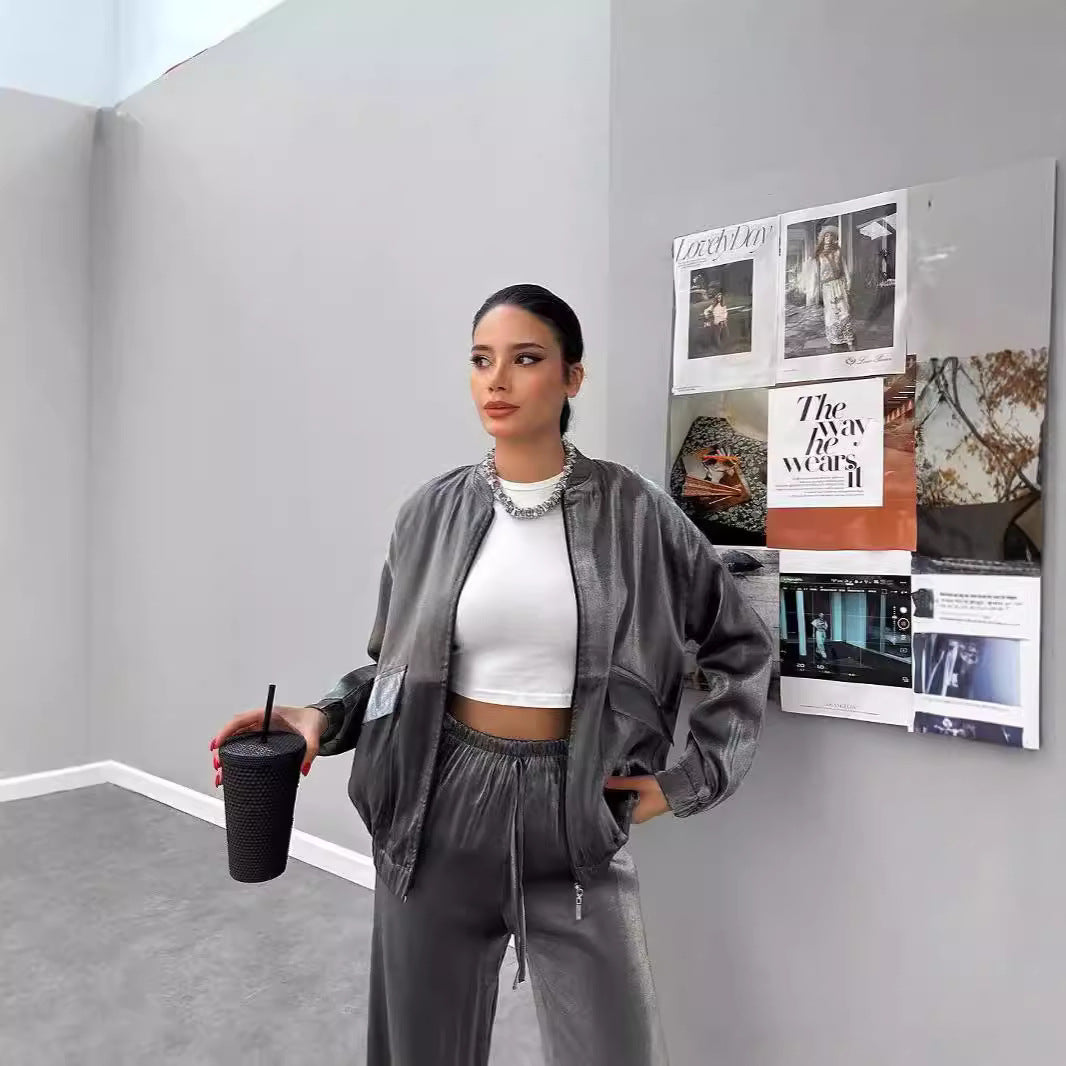 Dam Jacka Set i Polyester med Långa Byxor Avslappnad Stil-3