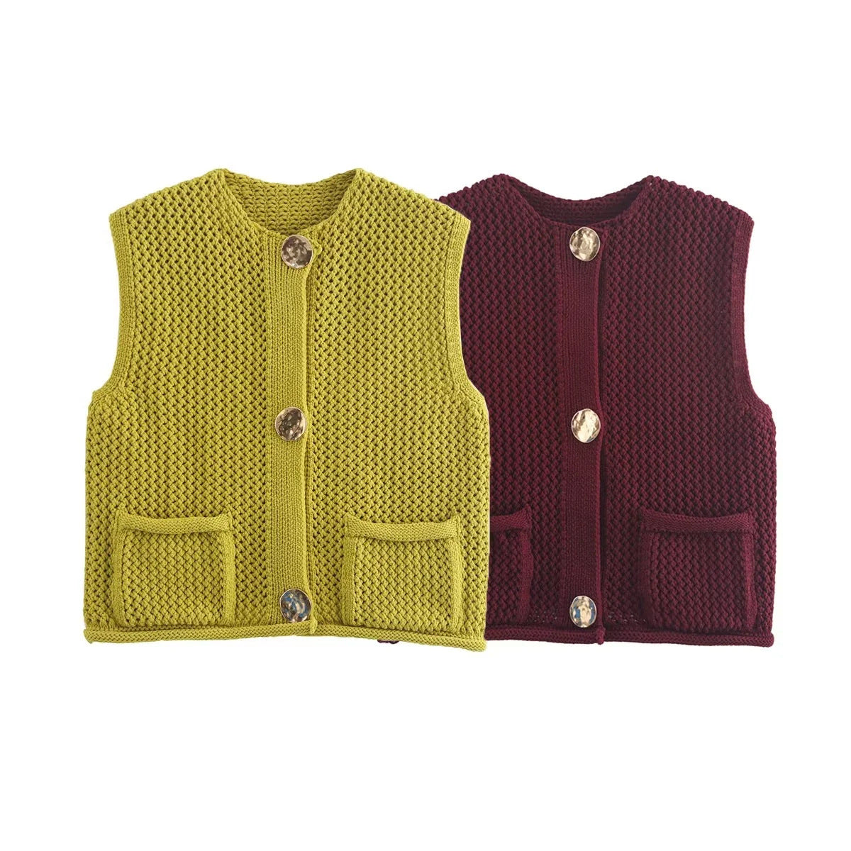 Dam Stickad Väst Elegant Med Dekorativa Knappar och Fickor 6