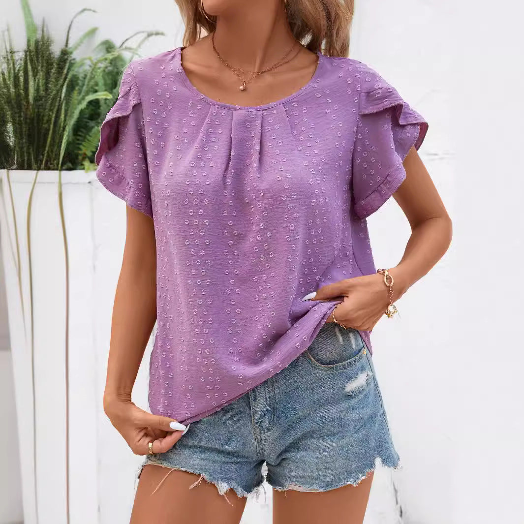 Dam Ruffle Skjorta Jacquard Korta Ärmar Polyester 4