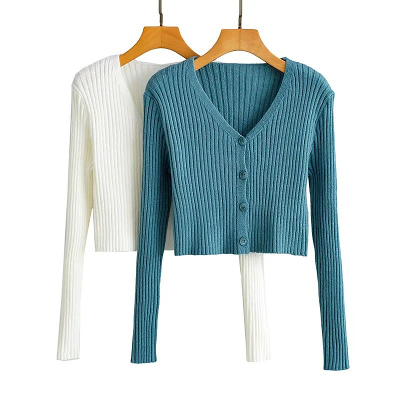 Kvinnors Kofta V-ringning Dekorativa Knappar Ribbad Bomull-2