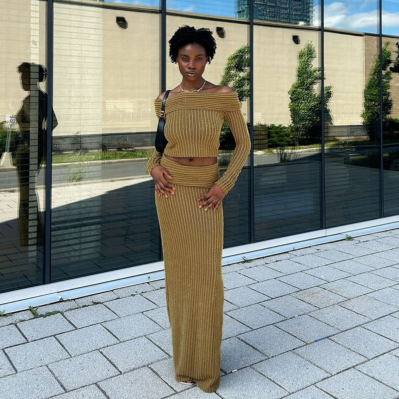 Kvinnors Axelfri Topp Figurkramande Kjol Elastisk Stickad Set-5