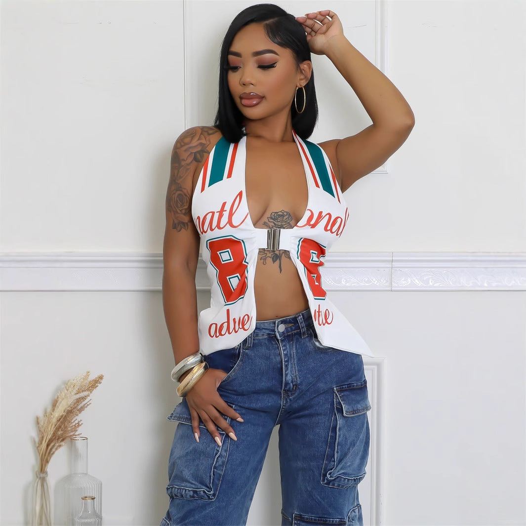 Dam Crop Top Streetwear Polyester Spandex Metallisk Finish-2