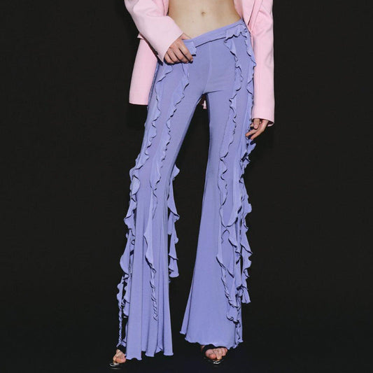Kvinnors Byxor med Ruffles och Blossad Design i Elastiskt Tyg â Trendiga och MĂ„ngsidiga för Alla TillfĂ€llen 1