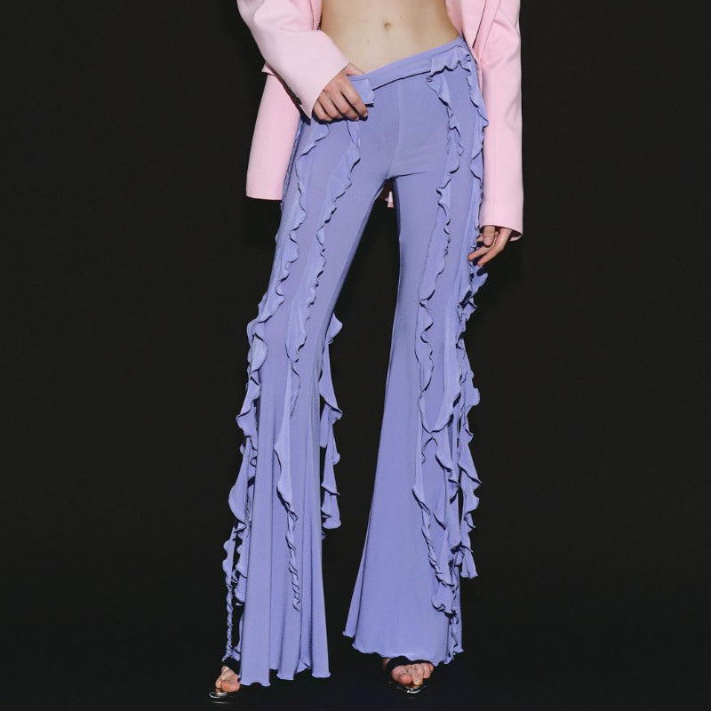 Kvinnors Byxor med Ruffles och Blossad Design i Elastiskt Tyg – Trendiga och Mångsidiga för Alla Tillfällen 3