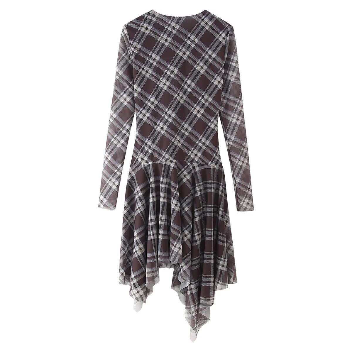 Dam Klänning Asymmetrisk Rutig Silke-Mesh Midi Long Sleeve-5