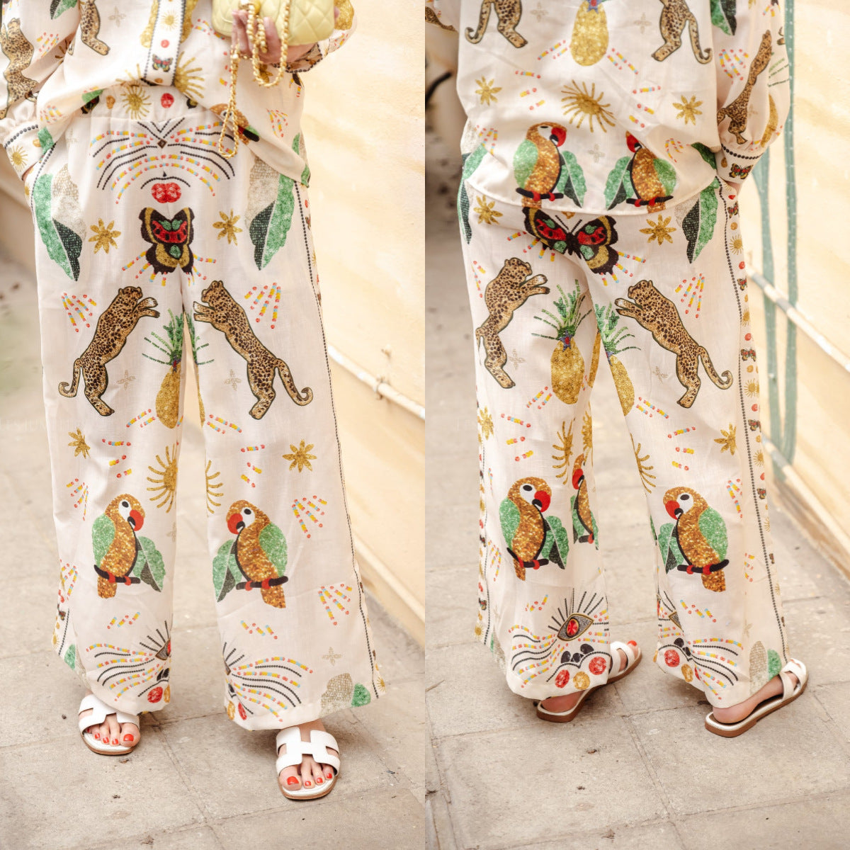 Dam Tryckt Skjorta och Byxor Set Avslappnad Polyester Sommarkläder-3