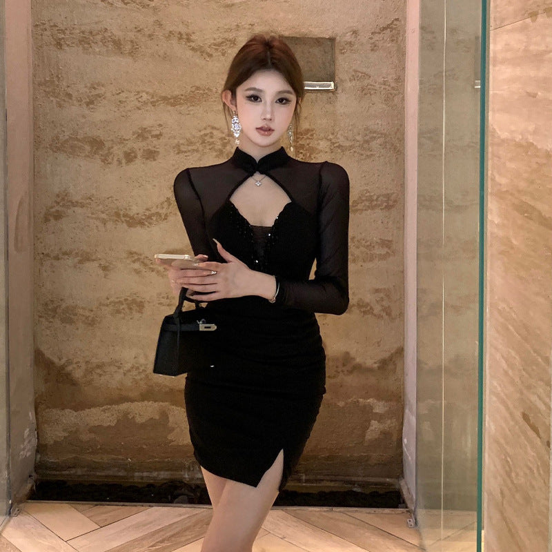 Kvinnors Bodycon Klänning Pärlorbroderad Cheongsam Polyester 4