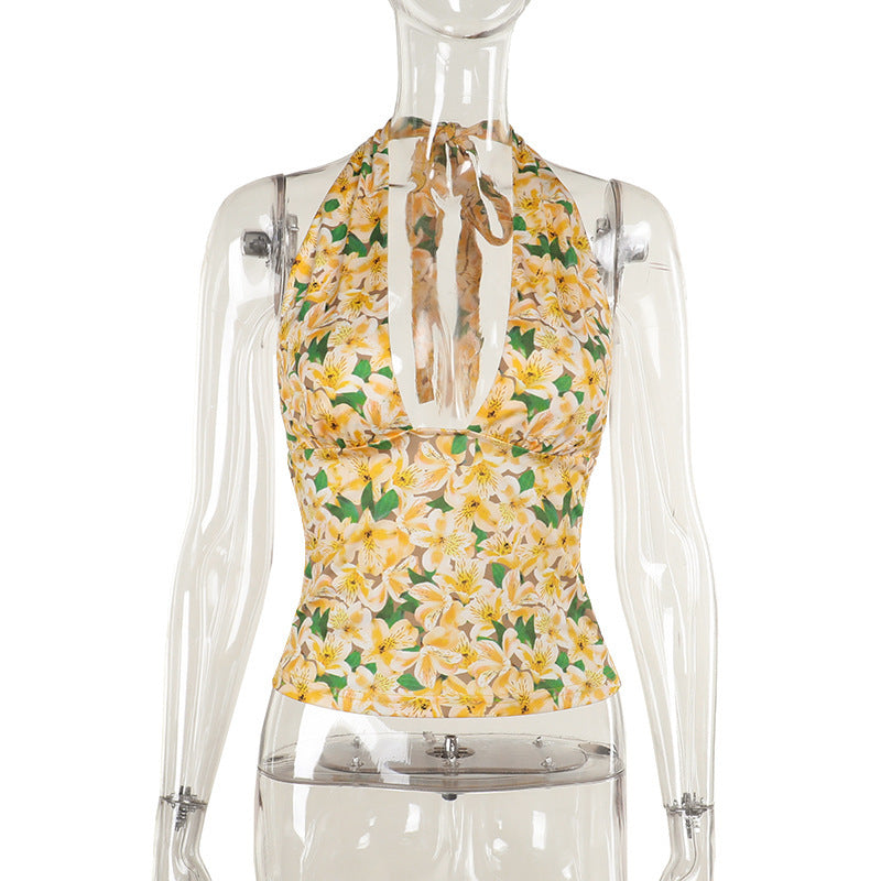 Festtoppar Dam Blommig Crop-Top Djup V-hals Andningsbart Tyg 6