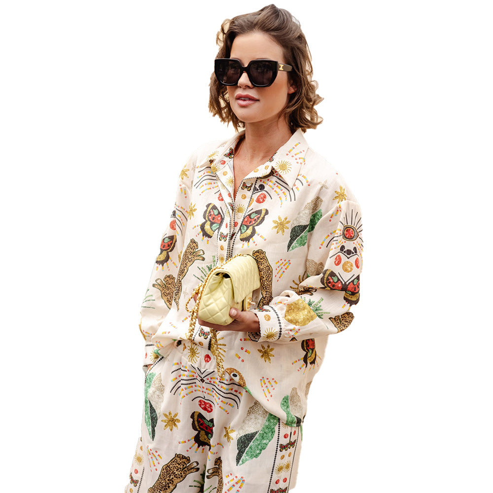 Dam Tryckt Skjorta och Byxor Set Avslappnad Polyester Sommarkläder-1