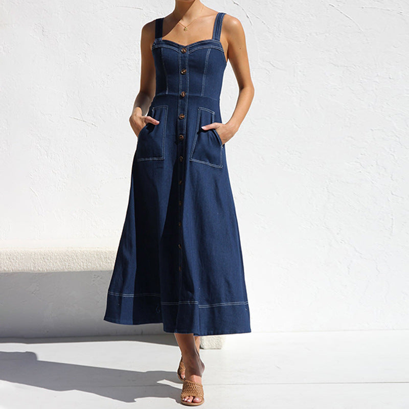 Dam Maxiklänning A-Line Denim Utan Ärmar Sliten Look 2