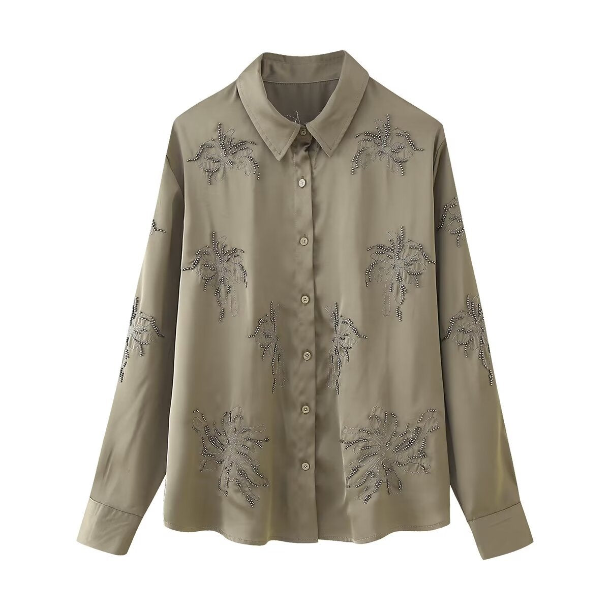 Variant image for Dam Långärmad Skjorta och Fritidbyxor Set i Bomull - Blommigt Mönster för Avslappnad Stil-13