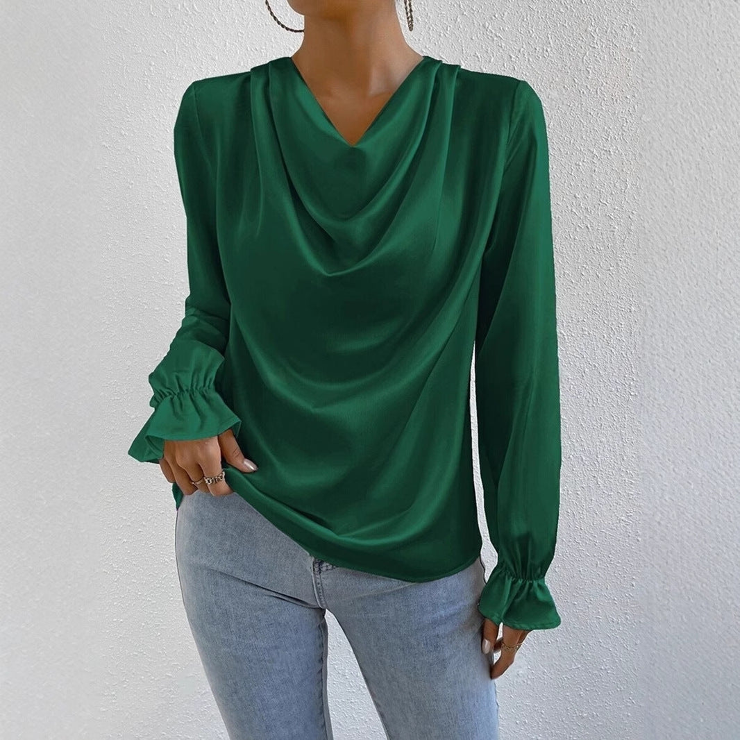 Dam Blus Turtleneck Långärmad Satin Loose Fit-3