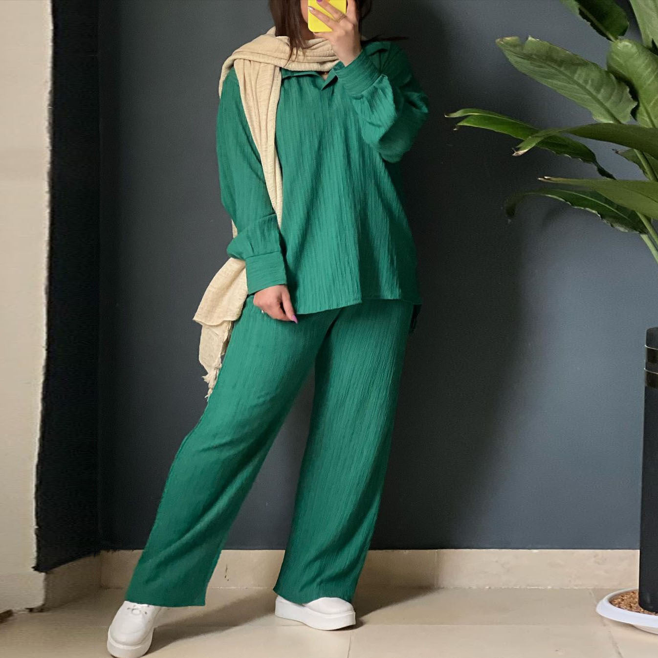 Variant image for Dam Långärmad Skjorta Löst Passande Byxor Polyester Urban Stil-13
